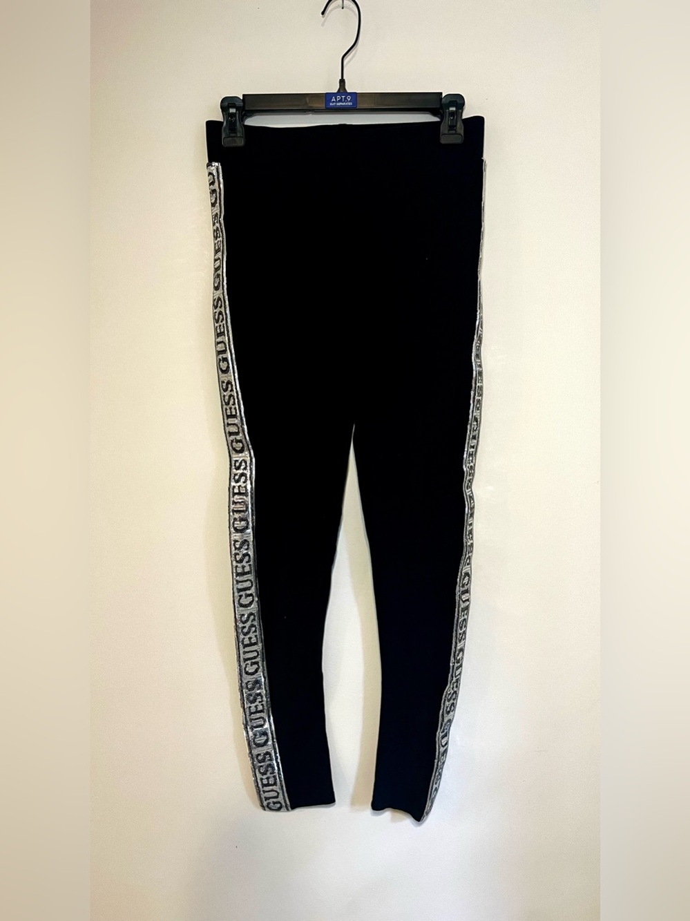 Guess Black Leggings with Silver Sequin Logo Side Tape Size Medium